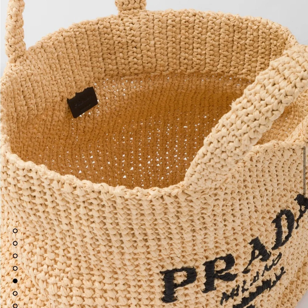 PRADA NWT Crochet Raffia Tote Bag Straw Logo Purse Natural - Picture 3 of 12